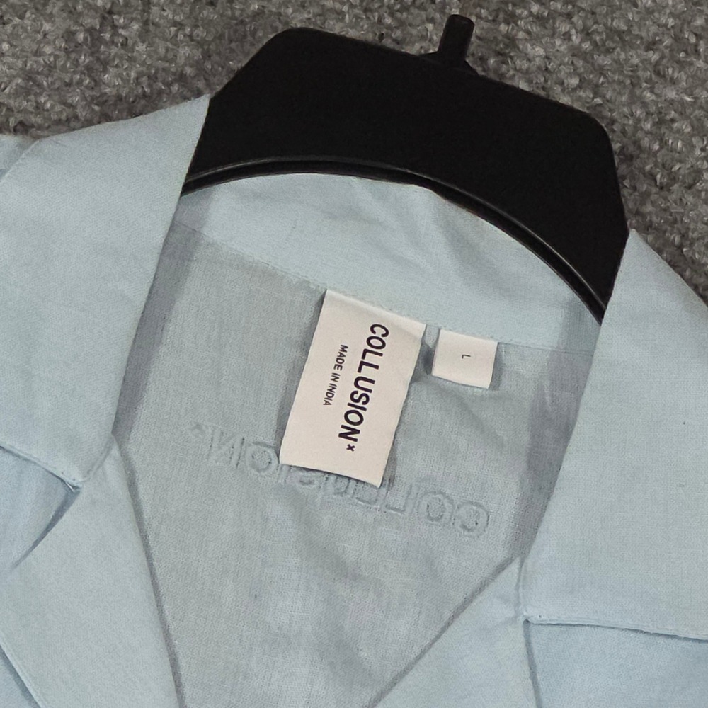 COLLUSION Mens L Shirt Blue‎ Short Sleeve Button Up Cotton Linen Blend F101005